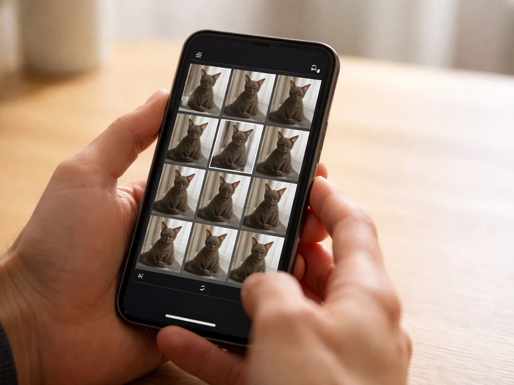 Phone on desk showing a blurred editing timeline with one sharp burst frame selected at 1:1.