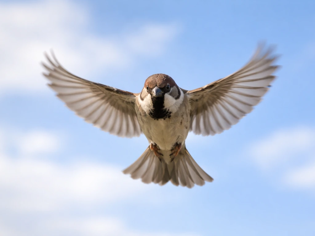 Small bird in mid-flight with wings sharply frozen against a clear sky using a telephoto look