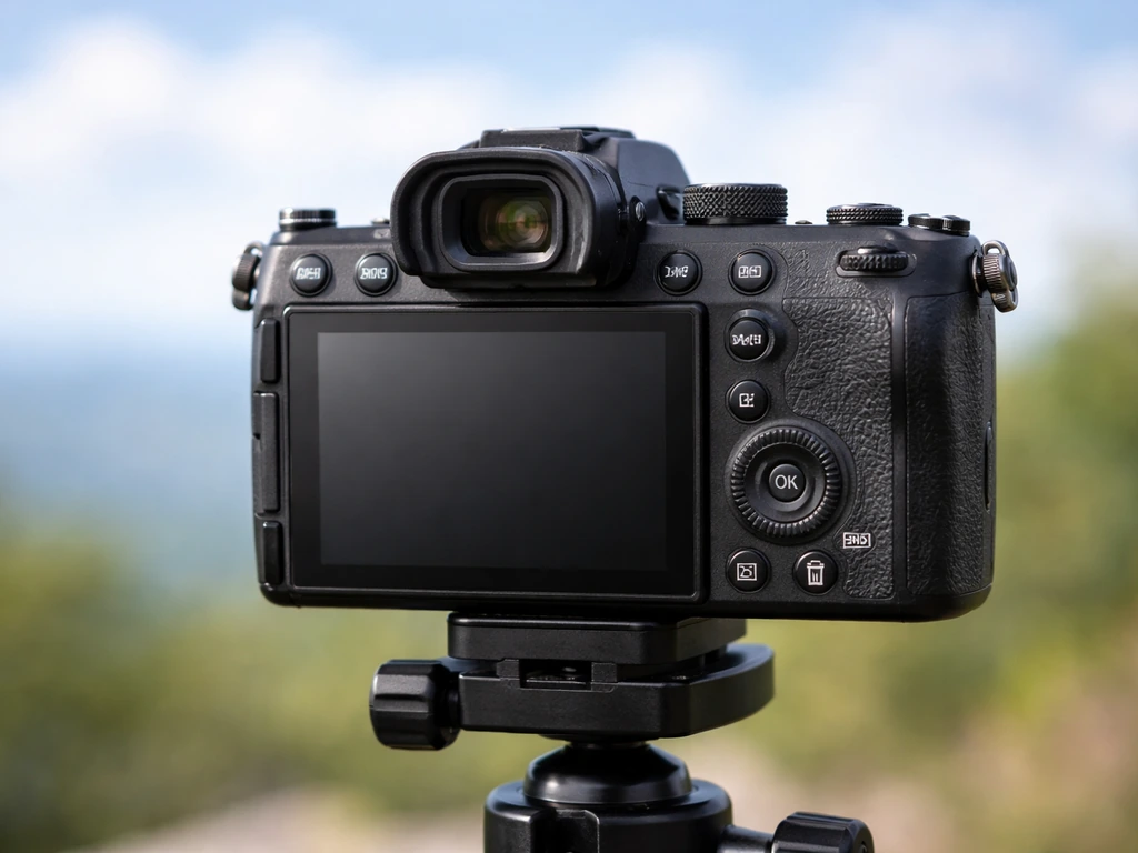 Rear view of a modern mirrorless camera on a tripod showing continuous autofocus controls, outdoors.