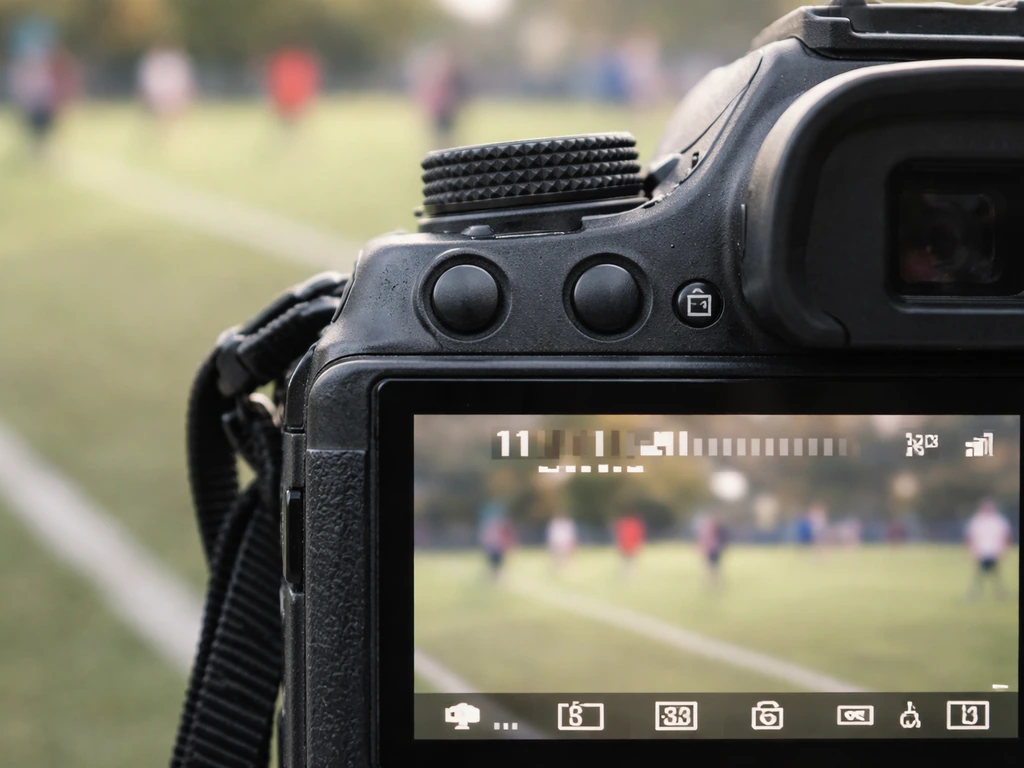 Close-up of a camera screen and dial in focus, suggesting a fast 1/2500–1/3200 shutter speed for action.
