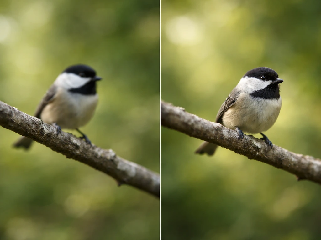 Bird on a branch with one side sharp background branches and the other side sharp bird focus.