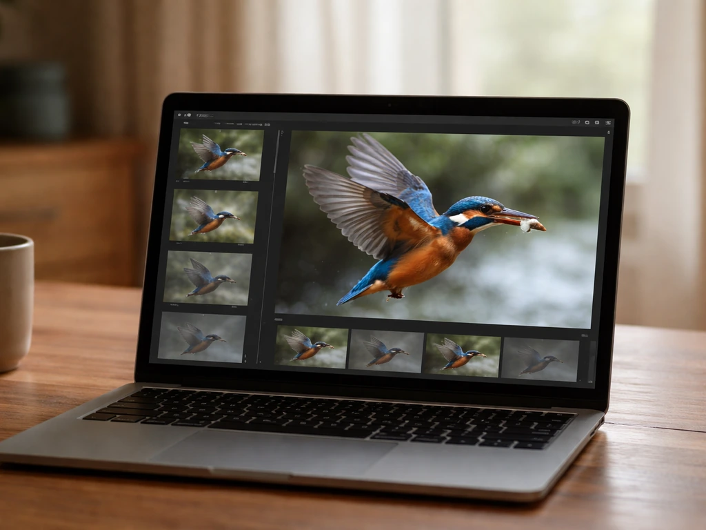Laptop showing bird-in-flight photo editing with lens correction and sharpening in Lightroom, minimal workspace