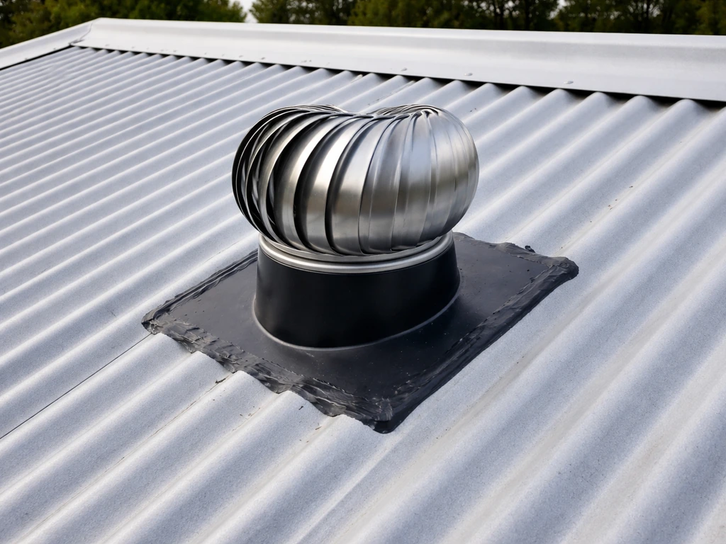 Whirly bird turbine roof vent mounted and sealed on a corrugated tin roof near the peak.