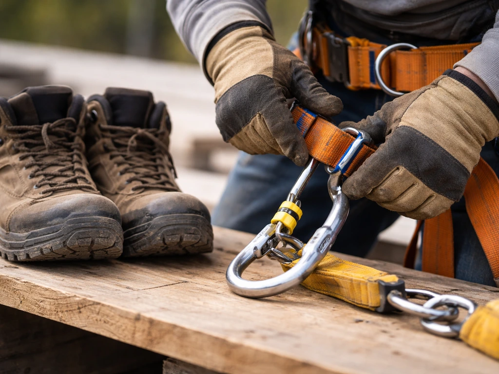 Gloved hands adjust a fall-protection harness while inspecting slip-resistant work boots.
