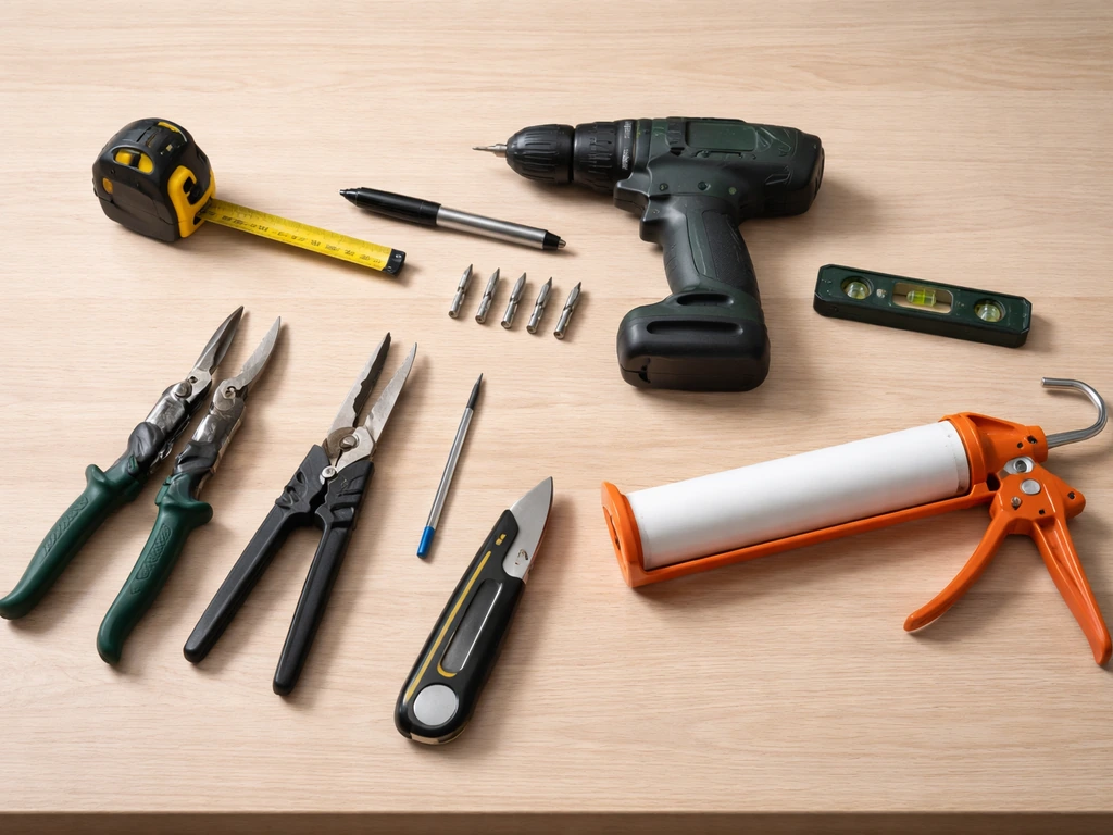 Tools neatly laid on a workbench: tape measure, marker, drill bits, spirit level, tin snips, blade, utility knife, seala