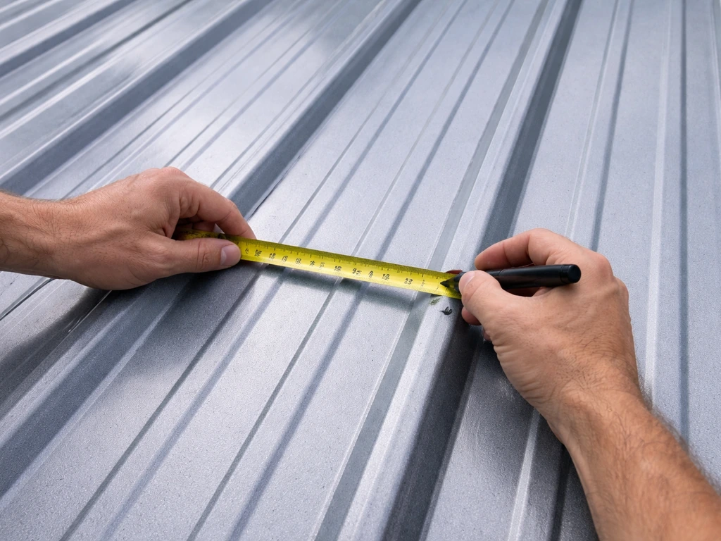 Close-up of hands marking center point on corrugated metal roof with tape measure and marker