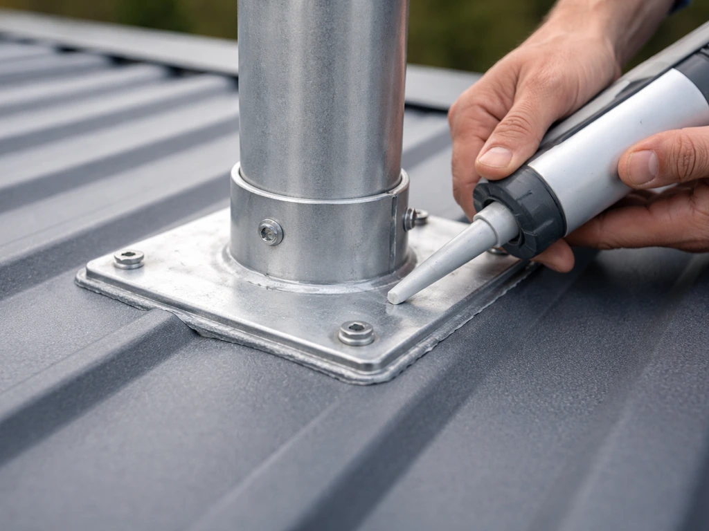 Close-up of sealant being applied around a metal roof penetration flange and screw heads