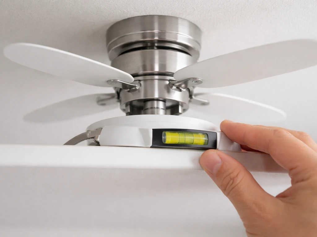 Hand adjusts a bubble level against a wobbling turbine fan base to ensure it sits perfectly level.