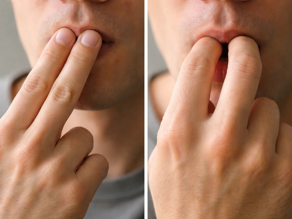 Close-up of anonymous hands near mouth showing two two-finger whistle positions: index+middle and index+thumb.