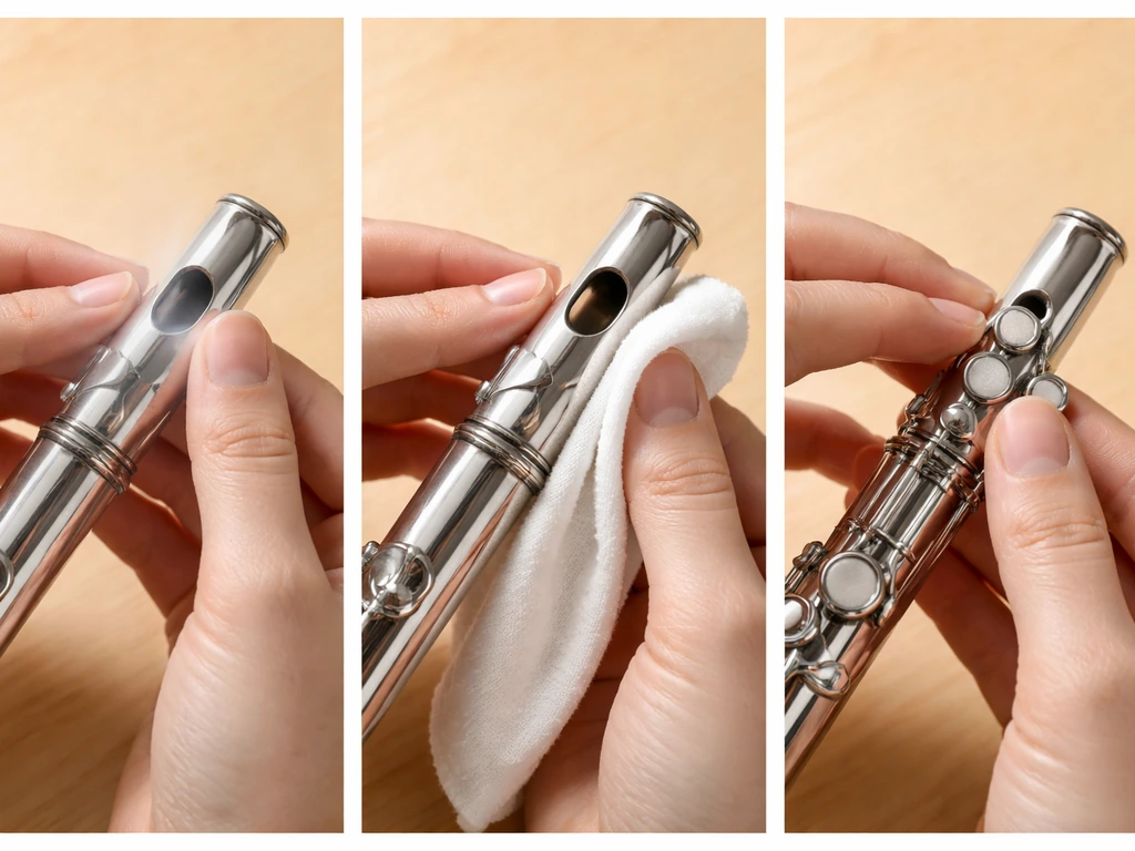 Three simple staged close-ups of a small metal wind instrument showing no sound, muffled tone, and squeak fixes