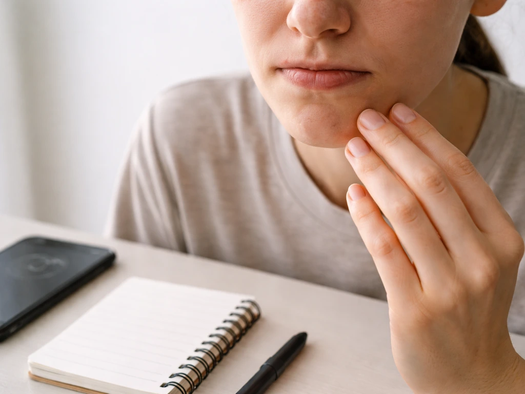Close-up of hands practicing a lip tuck drill beside a phone timer on a clean desk