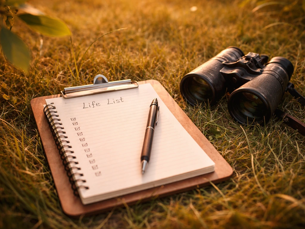 Golden hour: binoculars beside an open field notebook with a Life List page and checked boxes on grass.