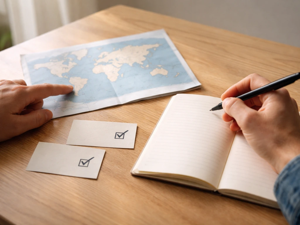 Beginner’s hands pointing at an open map and journal with blank rule cards and checkmarks