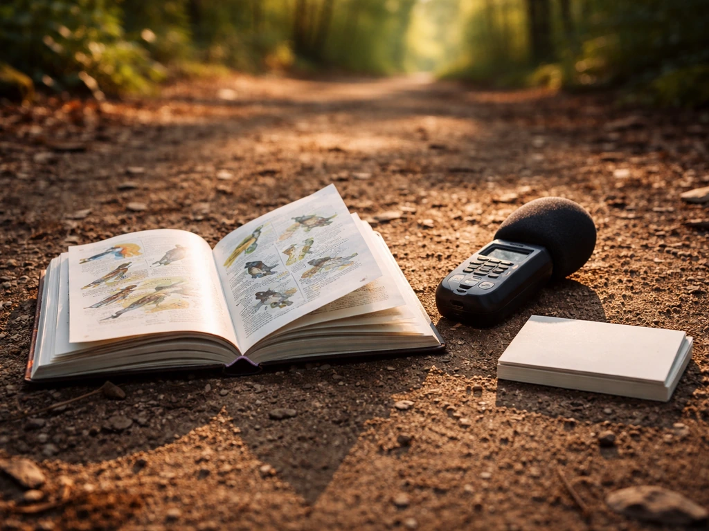 Field guide and small audio recorder beside a “heard vs seen” note set on a quiet forest path.