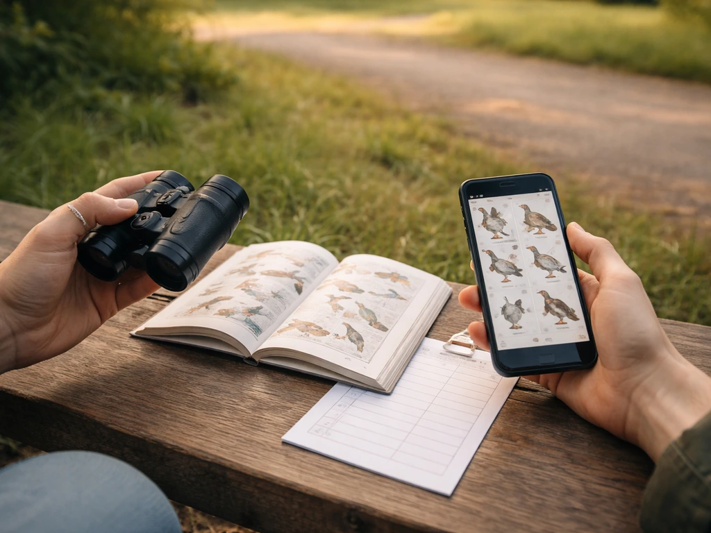 Hands using binoculars and a phone bird-ID page with a field guide and blank checklist on a park bench.