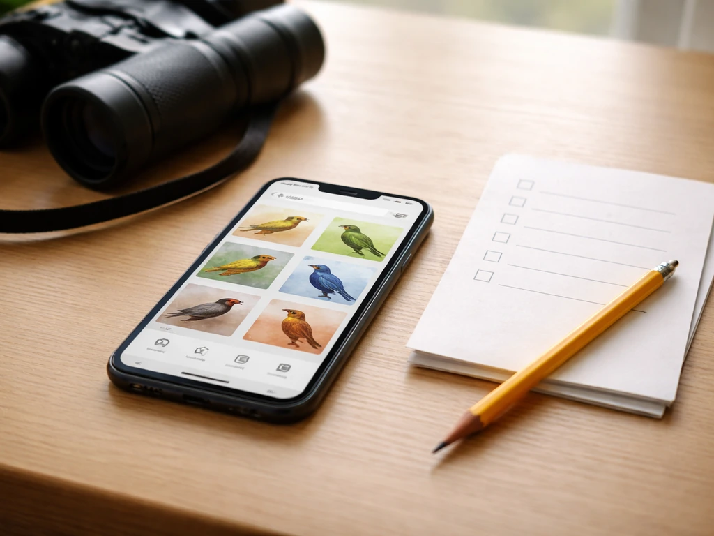 Phone with a bird ID-style app interface beside a simple blank checklist on paper, on a desk.