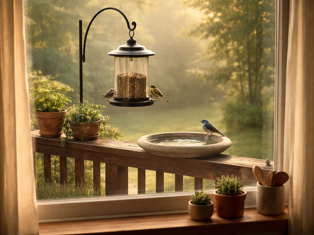 Home window view showing a small bird feeder and birdbath for beginner backyard birdwatching