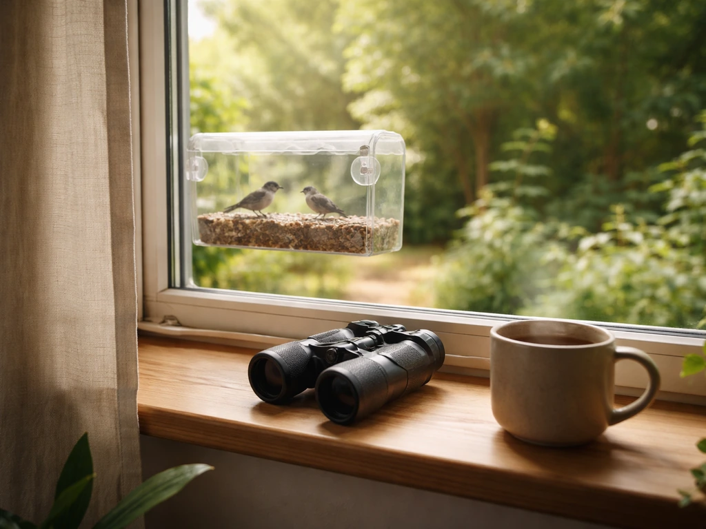Cozy apartment window bird-feeding station with a clear view outside
