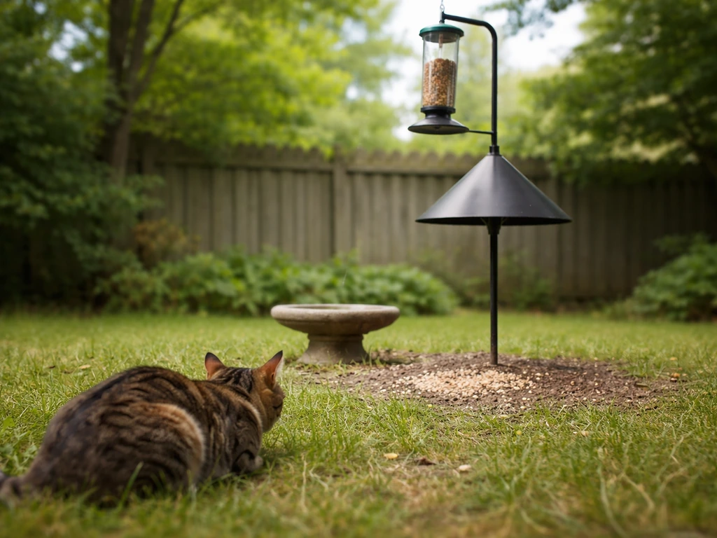 Outdoor cat crouched near ground-level bird feeder while birds are kept safe by raised feeder with cone baffle
