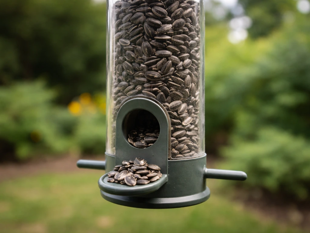 Close-up of a tube bird feeder packed with black-oil sunflower seeds outdoors.
