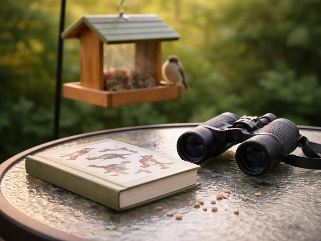 Binoculars and a bird field guide on a patio table beside a feeder with a small songbird perched.