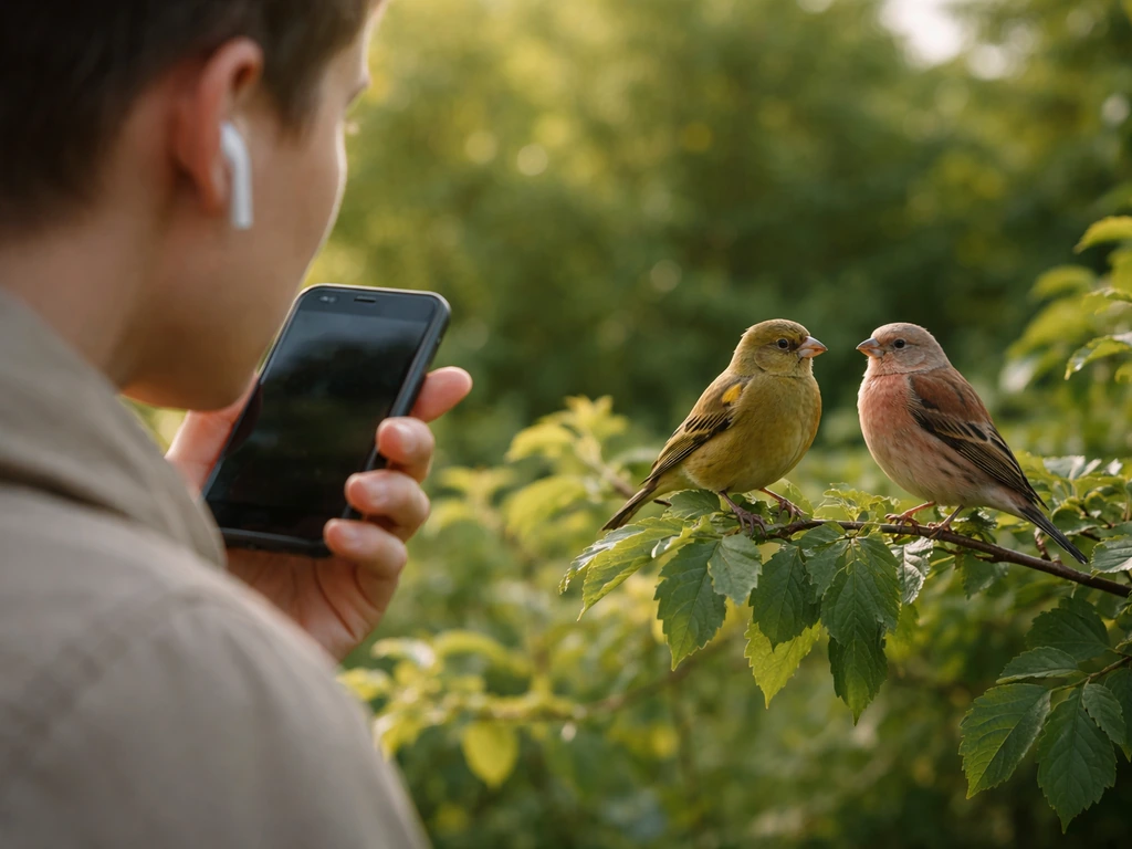 Person practicing bird song with earbuds while two small finches sing from a garden hedge.