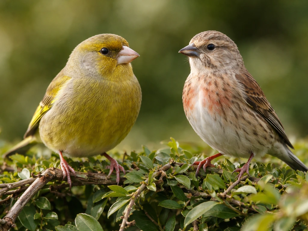 Two finches perched side-by-side on a hedge, showing greenfinch vs linnet differences clearly.