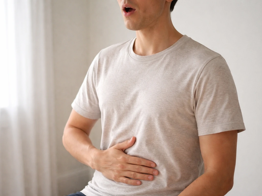 Person in a simple room doing a vocal warm-up, abdomen rising with deep breath and relaxed jaw.