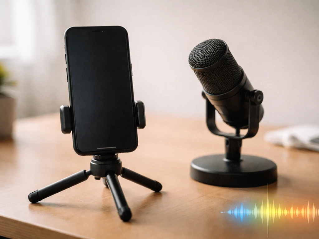 Phone on a small stand recording audio in a quiet room with a subtle abstract audio waveform nearby