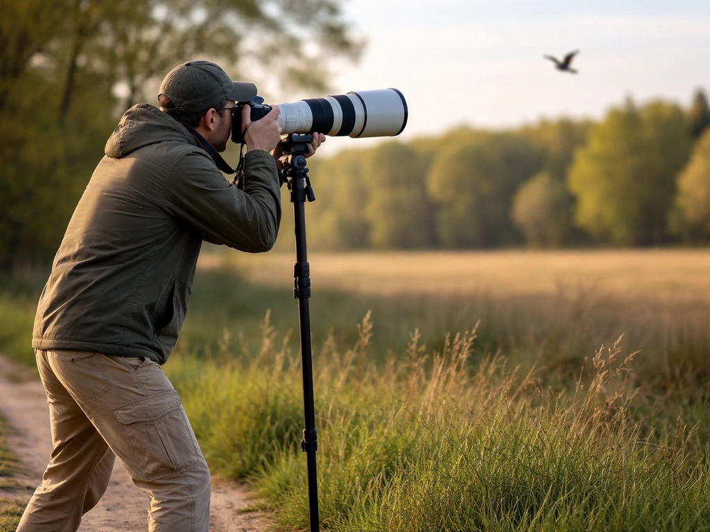 Photographer tracking a bird in flight with a monopod-mounted telephoto in a natural outdoor setting.