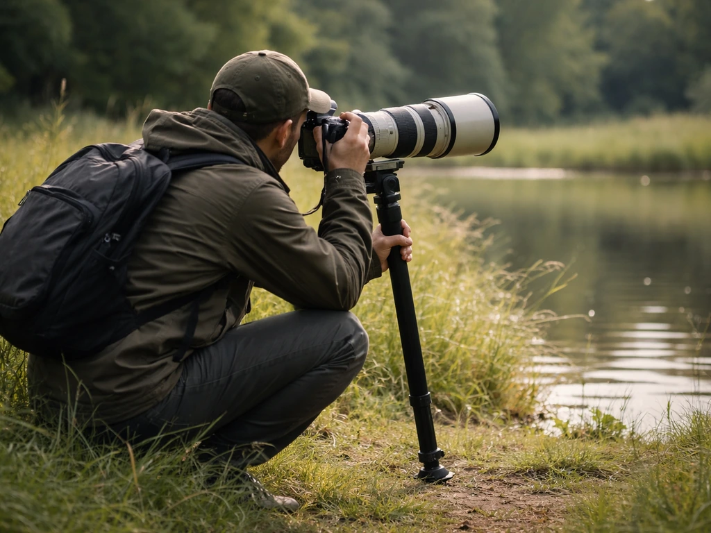 Bird photographer using a monopod to steady a long telephoto lens in a simple outdoor setting