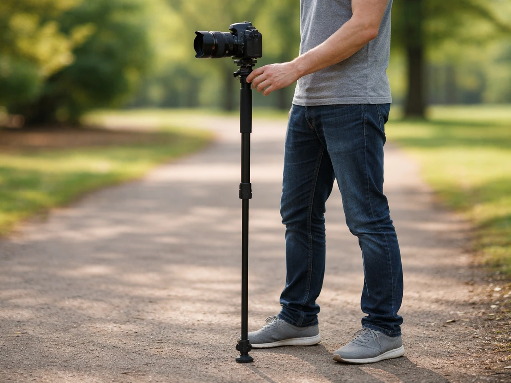 Side view of a monopod at correct height with a camera mounted, held by an anonymous shooter in stable stance.