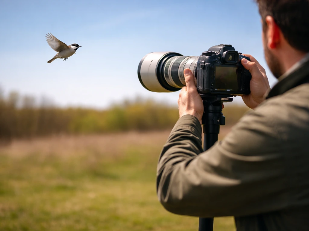 Bird in flight captured with a monopod; photographer rotates body for smooth tracking, minimal background.