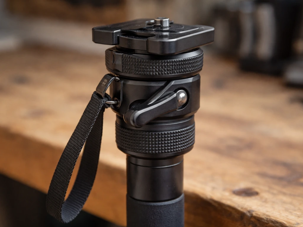 Close-up of a monopod head locking collar and adjustment lever, with slight blur suggesting shake vs sharpness.