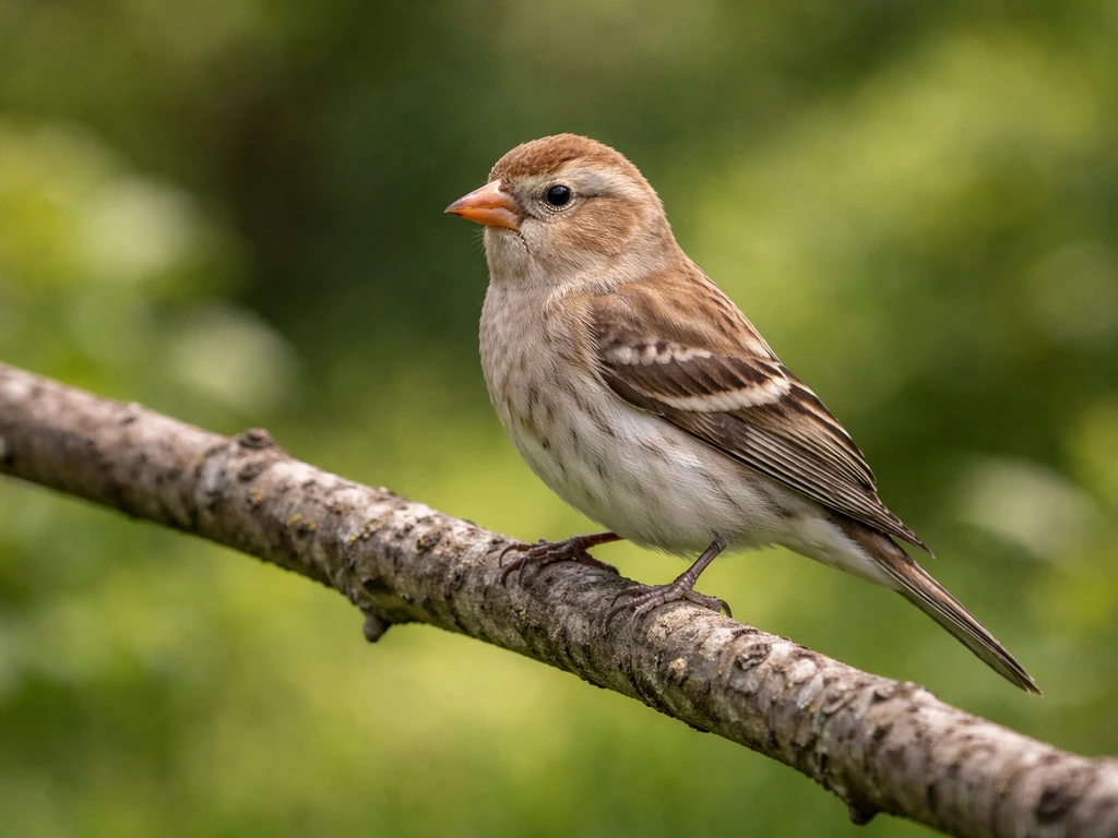 Crisp finch perched on a branch with clear feather details against a softly blurred green background.