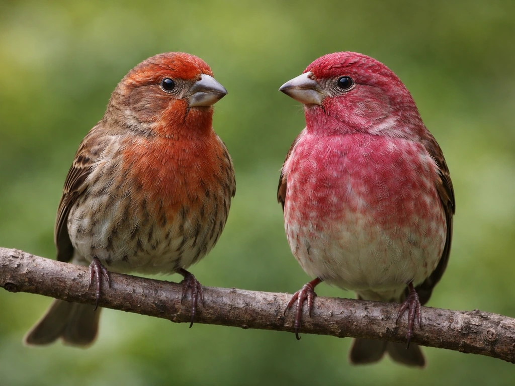 Close-up of two finches perched side by side, showing distinct markings against simple natural background