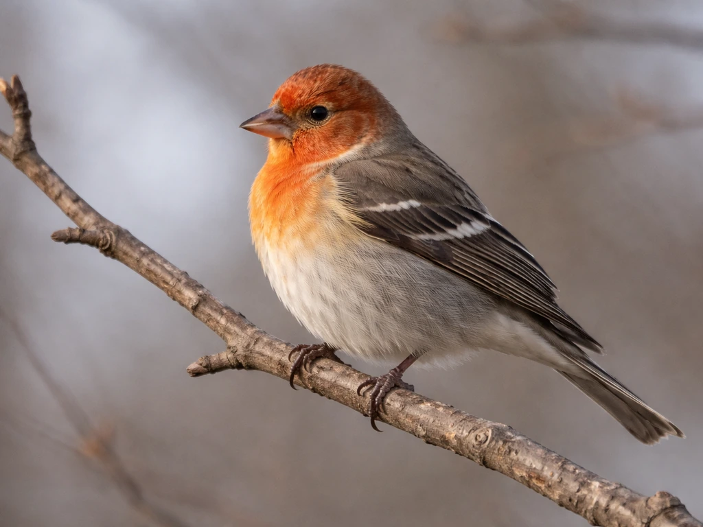 A small finch on a bare branch with subtly faded winter tones transitioning to brighter breeding colors