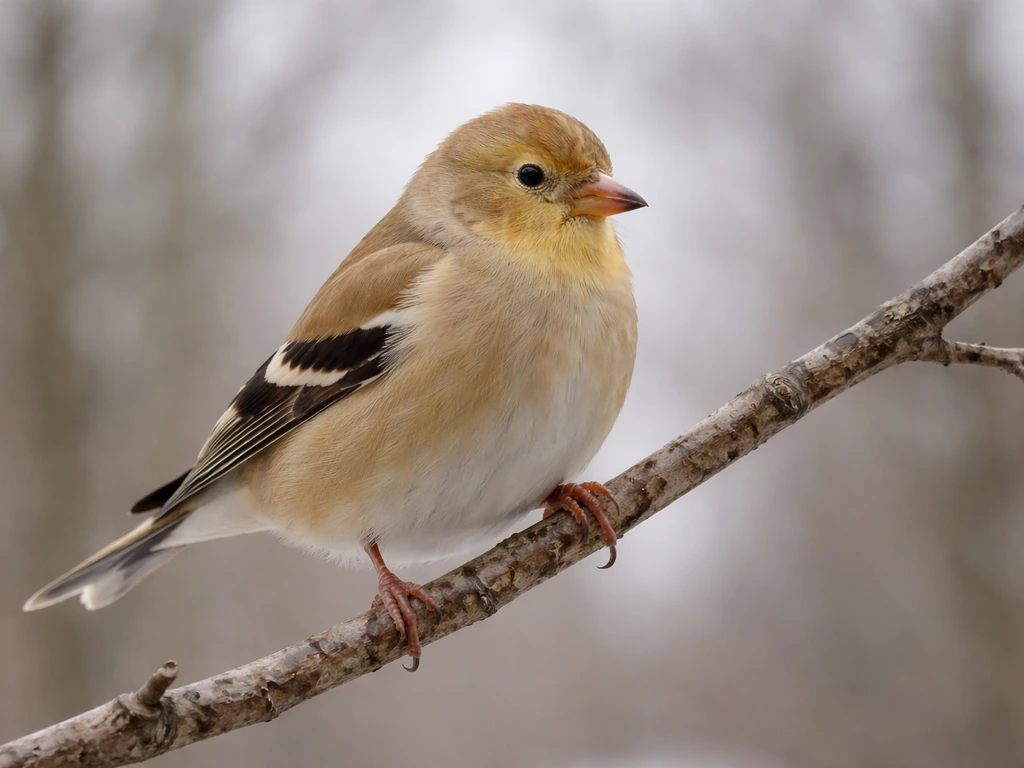 Muted winter goldfinch perched quietly, showing subdued head contrast after molt.
