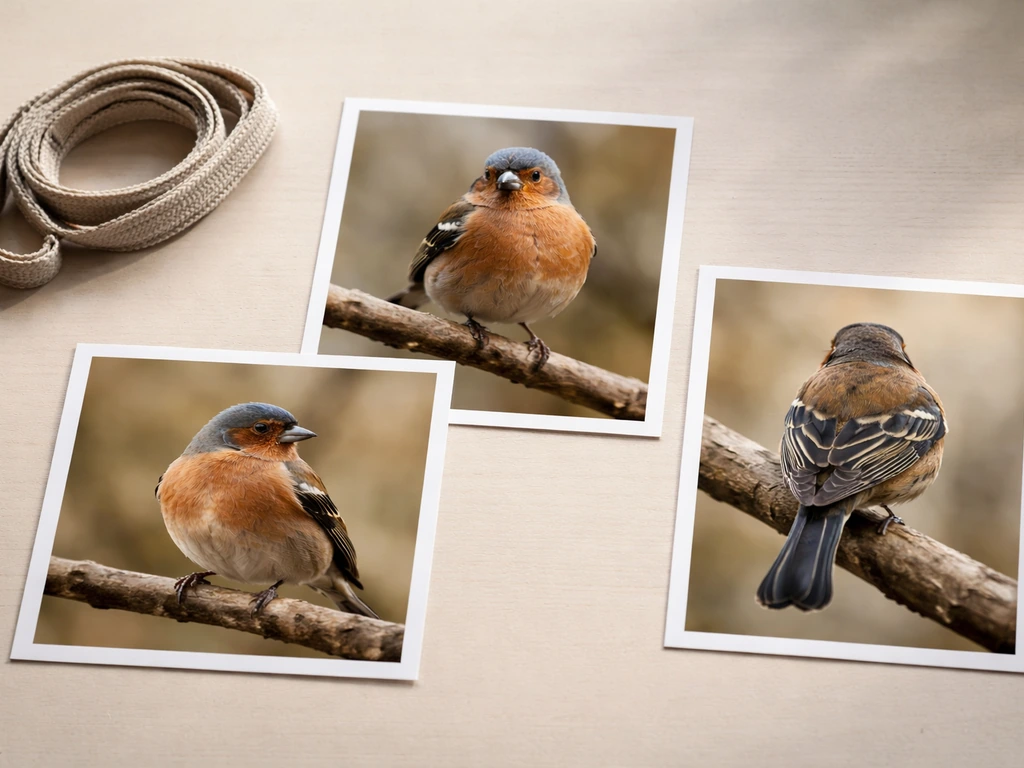 Three close-up photo prints of a finch (head, wing/body, tail) arranged on a plain table for documenting ID.