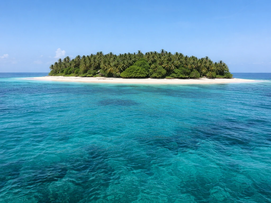 Wide view of Bird Island Seychelles rising from turquoise sea with sandy shore and lush greenery