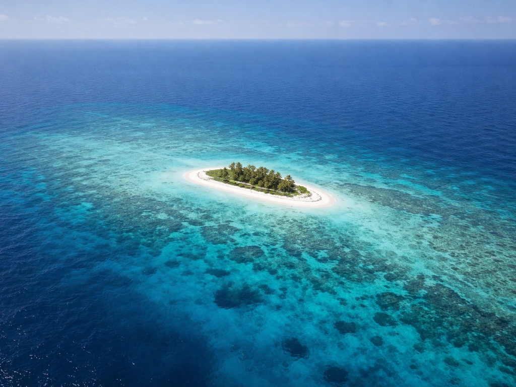 Tiny remote coral island in the Seychelles with surrounding turquoise ocean, emphasizing small scale.