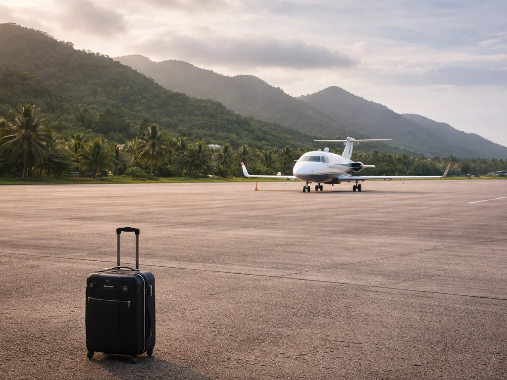 Small charter jet parked on Mahé airport apron near Victoria with tropical hills in the background.