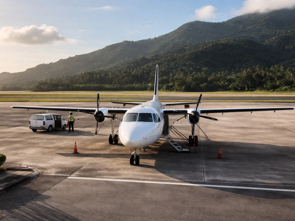 Small charter propeller plane parked on a Mahé airport tarmac, runway in view.