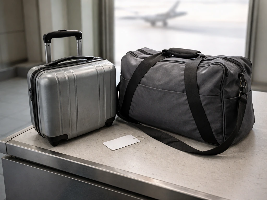 Close-up of compact cabin and duffel luggage on an airport counter, hinting at small charter luggage limits.