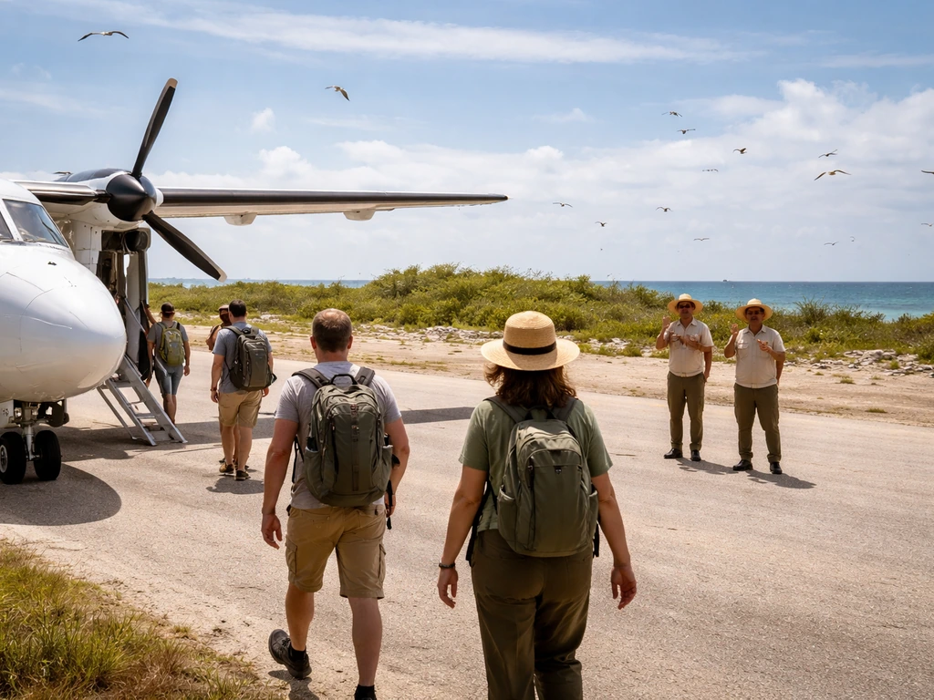 Tourists on a small island airstrip greet friendly staff as birds fly overhead.