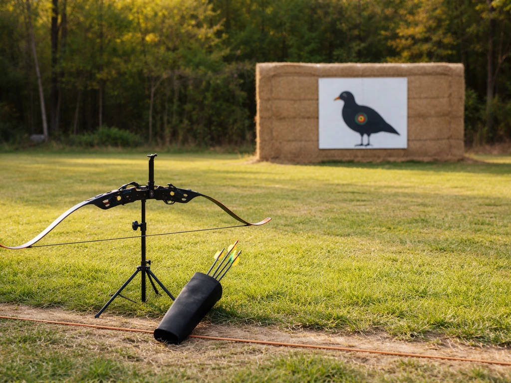 Outdoor archery range with a bow, arrows, and a bird-shaped target in clear view, no people visible.