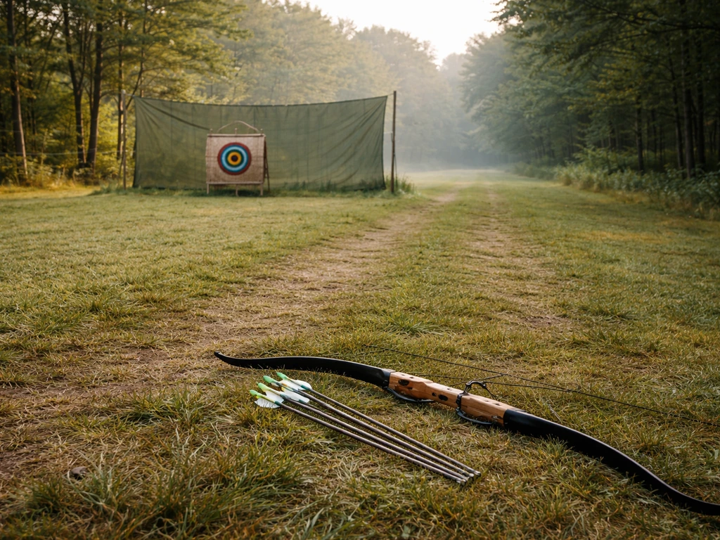 Minimal practice range scene with archery gear, a visible backstop, and clear safe shooting lanes