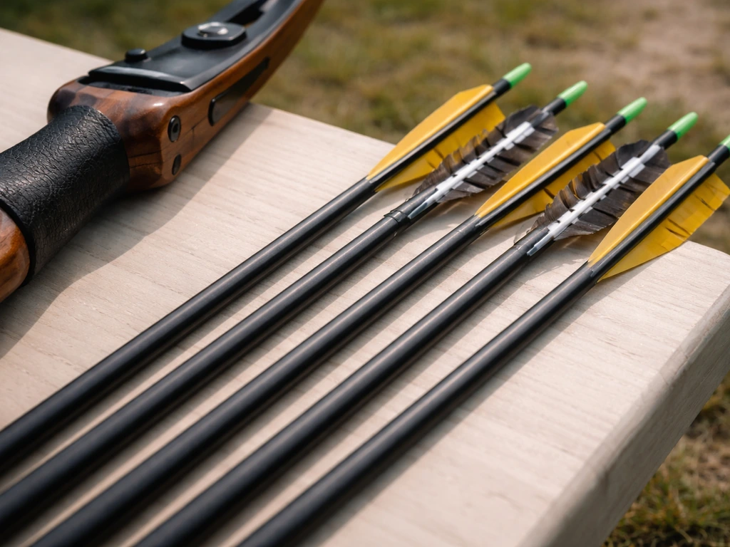 Close-up of arrow shafts and fletching laid beside a recurve bow grip, showing proper setup for target practice.
