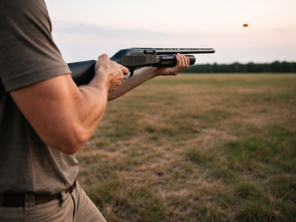 Hands in a safe, sideways shooting stance aiming a shotgun toward a distant bird target
