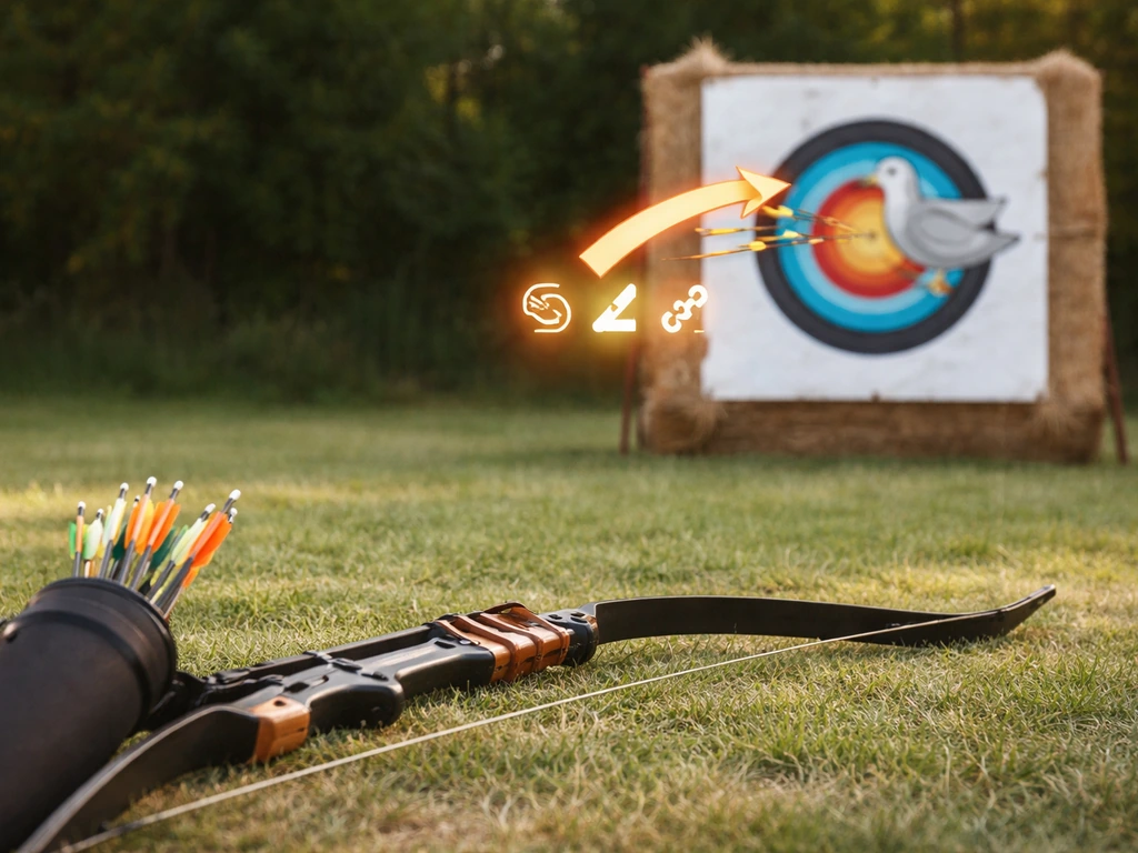 Recurve bow and arrows with a bird target showing arrows grouped off-center on a sunny archery range.